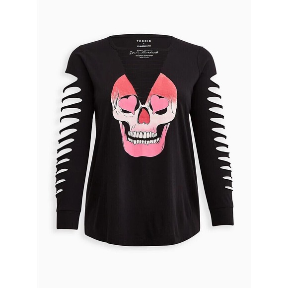 SOLD - Torrid Tee Sz 2 2X 18 20 Love Skull Black Slash Long Sleeve Black Pink - Picture 2 of 9